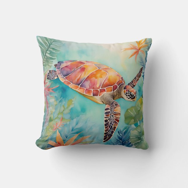 Almofada Seaturtle Watercolor Sealife Costeira Tropical (Frente)