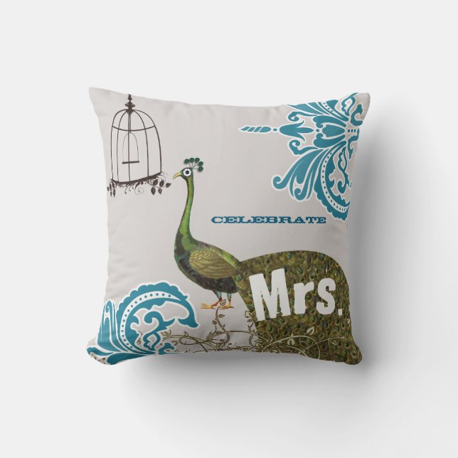 Almofada segundo Aniversário Damask Peacock Birdcage Sra. (Frente)