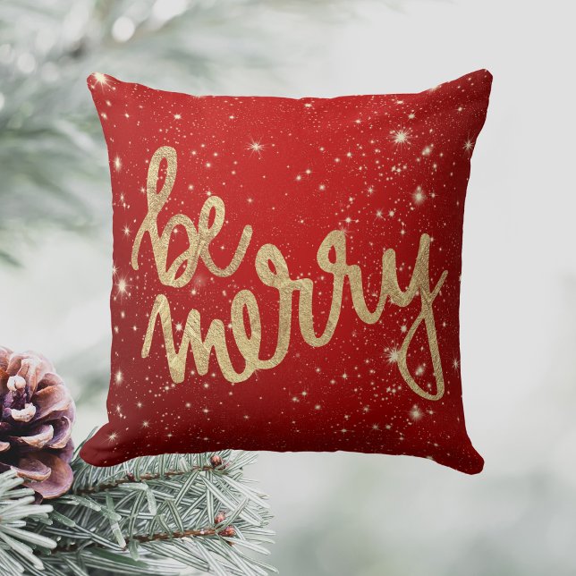 Almofada Seja Feliz - Vermelho e Dourado - Natal (Be Merry - Red and Gold - Christmas Throw Pillow)