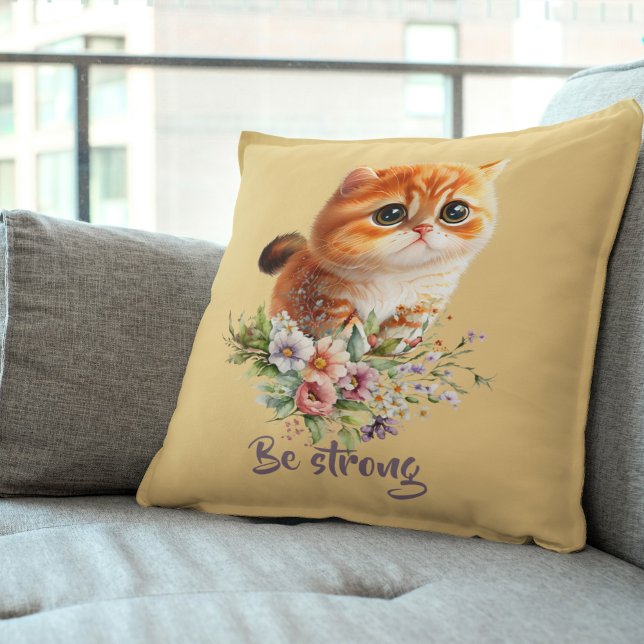 Almofada Seja um forte Design floreal de Kitten Inspiracion (Be Strong Inspirational Kitten Floral Design Throw Pillow)
