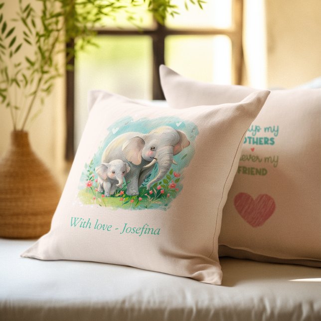 Almofada Sempre minha mãe - Mãe elefante e rosa-bebê (Always my Mother - Elephant Mum & Baby Pink Throw Pillow)