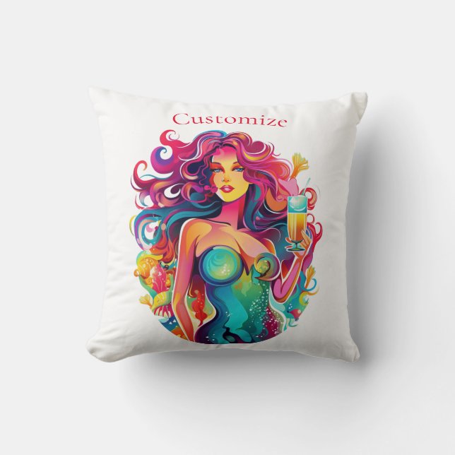 Almofada Sereia de cabelo arco-íris com coquetel (Frente)