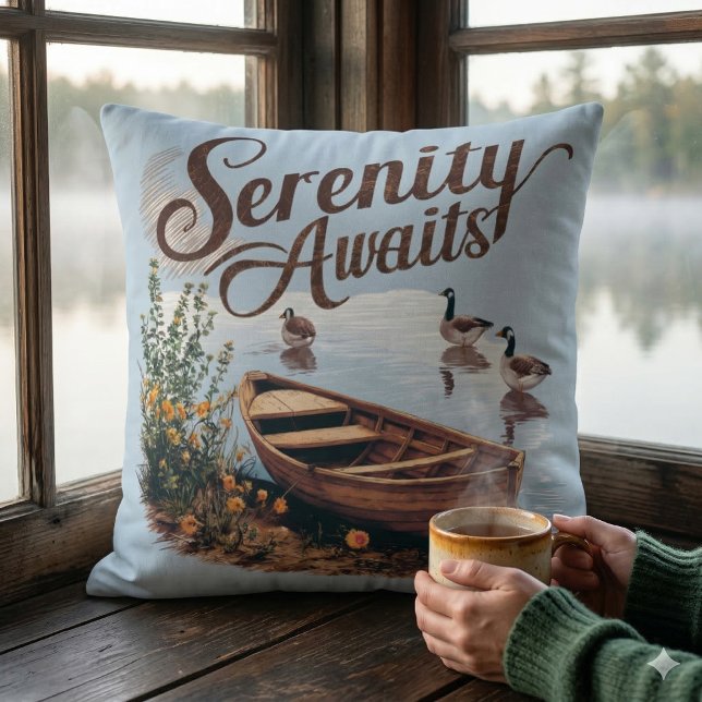 Almofada Serene Lake Boat com gansos e flores selvagens (Serene Lake Boat with Geese and Wildflowers Throw Pillow In Window)