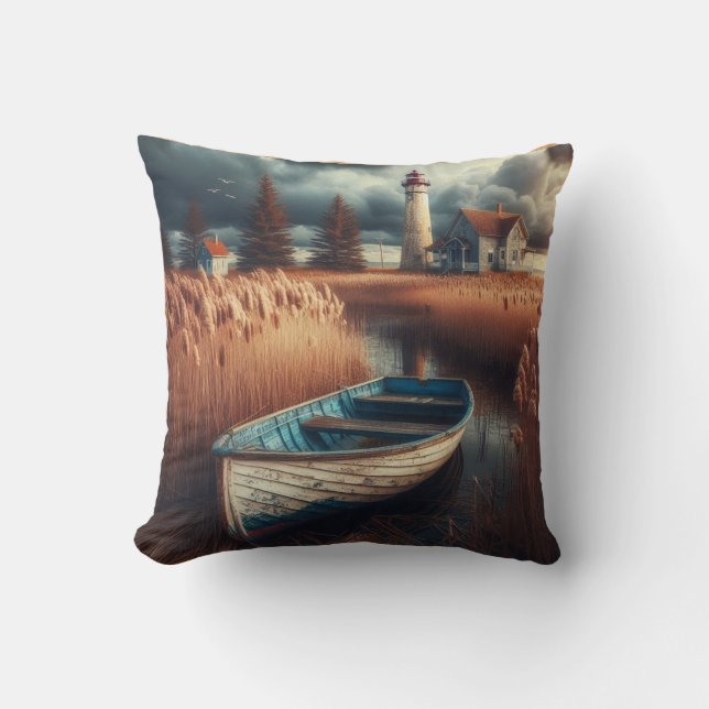 Almofada Serenidade Costeira: Farol e Rowboat (Frente)