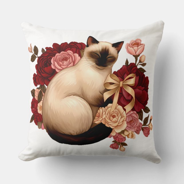 Almofada Serenidade Floral: Gato Siames Curvado em Flor (Frente)
