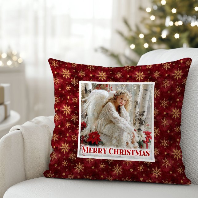 Almofada Sereno Presente de Férias Anjo Vermelho e Dourado  (Serene Red and Gold Vintage Angel Holiday Gift Pillow)