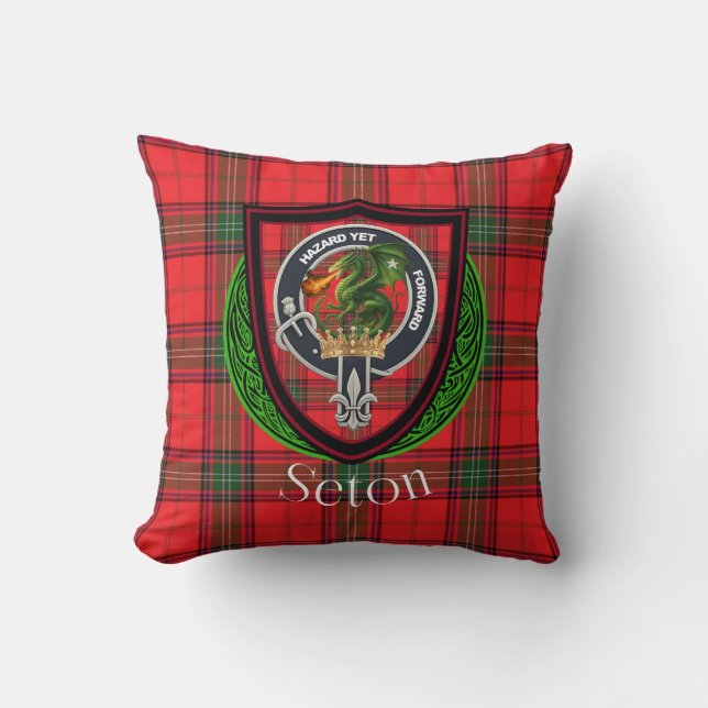 Almofada Seton Scottish Clan Tartan & Crest (Frente)