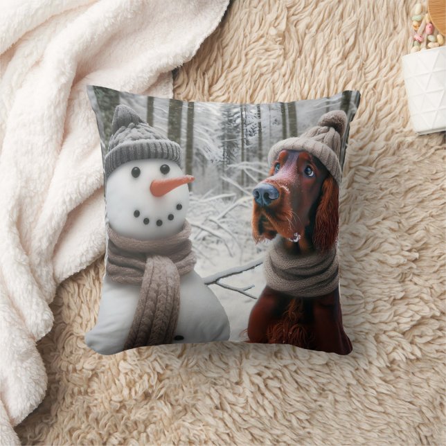 Almofada Setter Irlandês Com um Boneco de Neve (Cobertor)