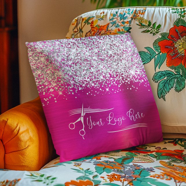 Almofada Seu Logotipo Brilho Prata Rosa Glam (Your Logo Silver Glitter Hot Pink Glam Throw Pillow)