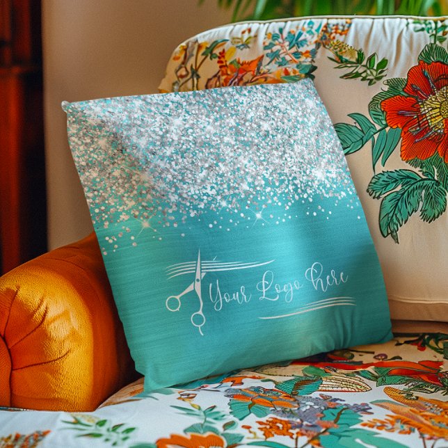 Almofada Seu logotipo Prata turquesa azul brilhante (Your Logo Silver Glitter Turquoise Blue Glam Throw Pillow)