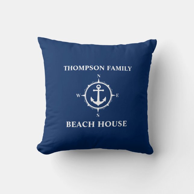 Almofada Seu nome é Beach House Compass Anchor Blue (Frente)
