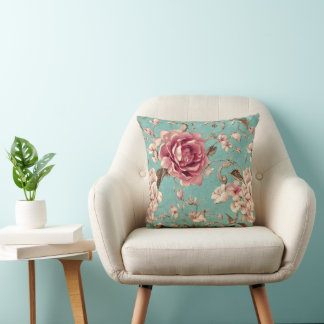 Almofada Shabby Chic Pink and White Florals on Teal