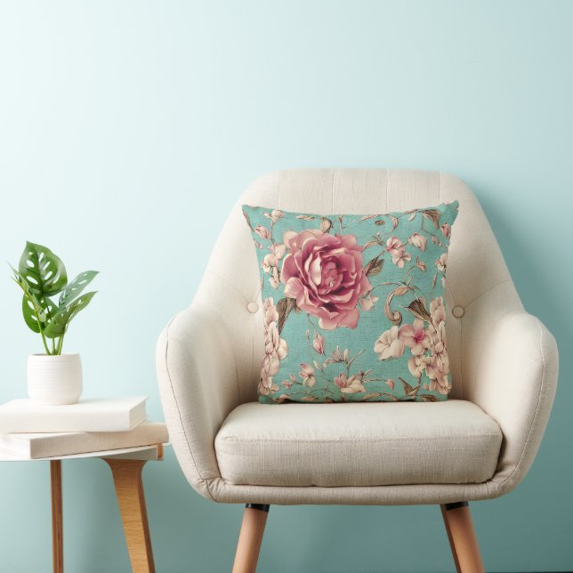 Almofada Shabby Chic Pink and White Florals on Teal (Cadeira)