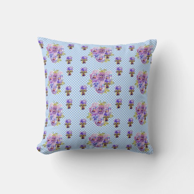 Almofada Shabby Pansy Floral Blue Gingham Flowers Retro (Frente)