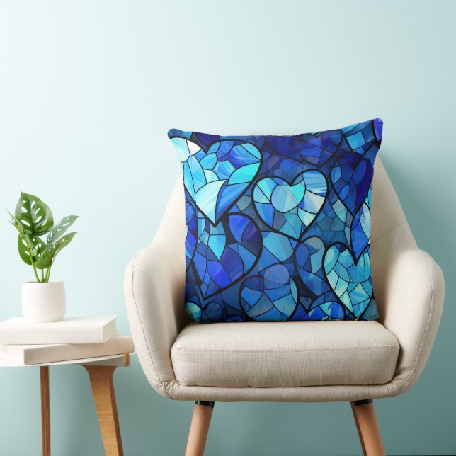 ALMOFADA SHADES OF BLUE STAINED GLASS LOOK HEARTS (Cadeira)