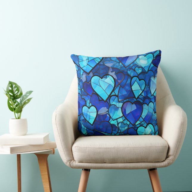 ALMOFADA SHADES OF BLUE STAINED GLASS LOOK HEARTS (Cadeira)