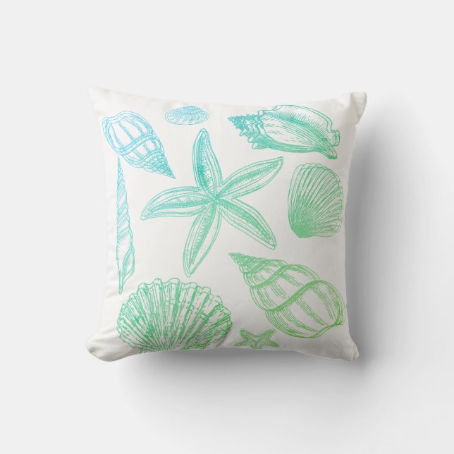 Almofada Shell de Praia do Ombre Branco Verde Azul de Seash (Frente)