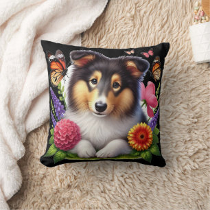 Almofada Shetland Sheepdog com Flores e Borboletas