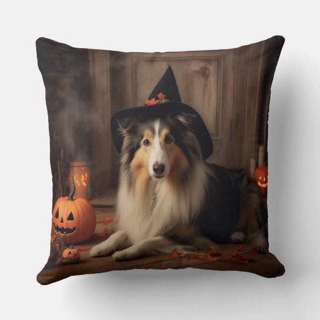Almofada Shetland Sheepdog Pumpkins Halloween Assustado (Verso)