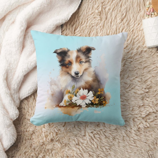 Almofada Shetland Sheepdog Puppy Pet Watercolor Fllower (Cobertor)