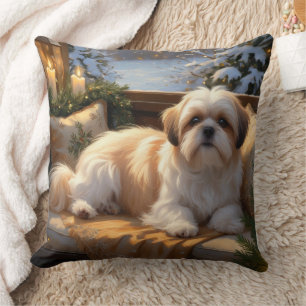 Almofada Shih Tzu com Férias das Luzes de Natal