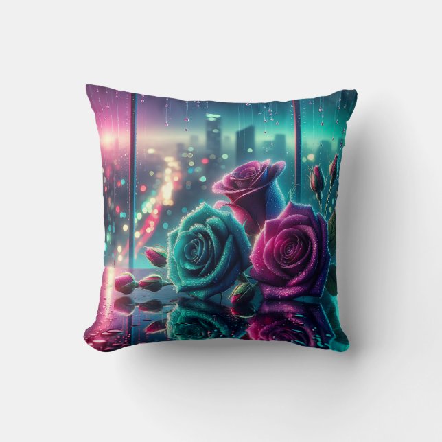 Almofada "Shimmering Raindrop Rosa Cityscape Bokeh Art" (Frente)