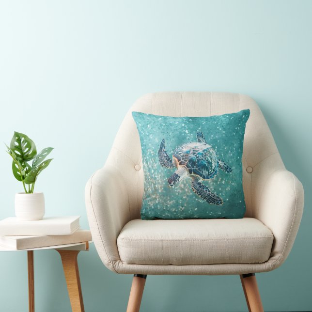 Almofada Shimmering Turquoise Sea Turtle | Coastal (Cadeira)