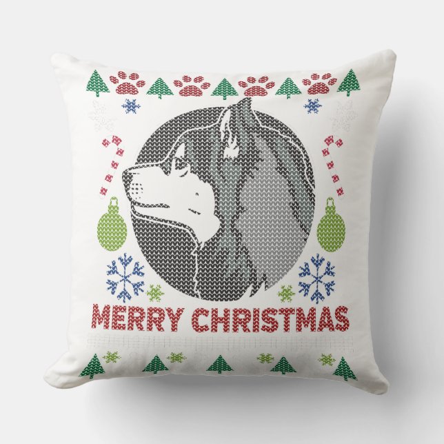Almofada Siberian Husky Merry Christmas Ugly Sweater Design (Frente)