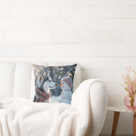 Almofada Siberian Husky Olhando para um boneco de neve