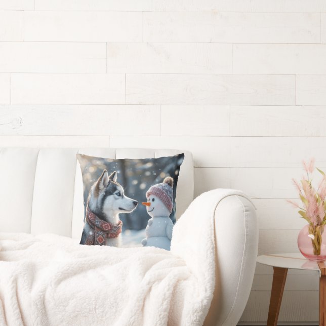 Almofada Siberian Husky Olhando para um boneco de neve (Sofá)