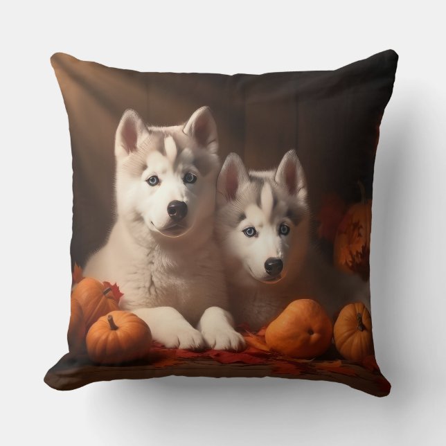 Almofada Siberian Husky Puppy Autumn Delight Pumpkin (Frente)