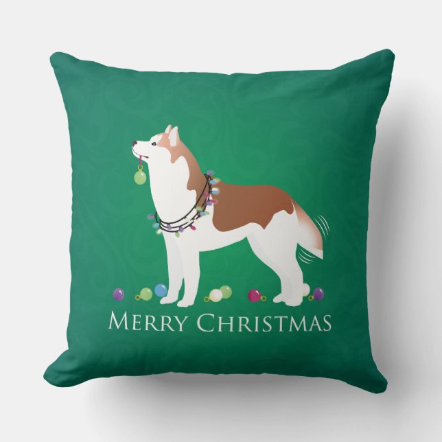 Almofada Siberian Husky - Vermelho - Design de Natal feliz (Frente)