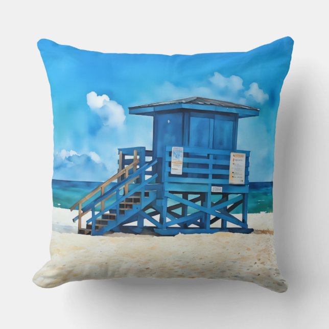 Almofada Siesta Key Beach Blue Lifeguard Tower Pillow (Frente)