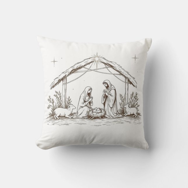 Almofada "Silent Night Nativity – Sepia Sketch Throw Pillow (Frente)