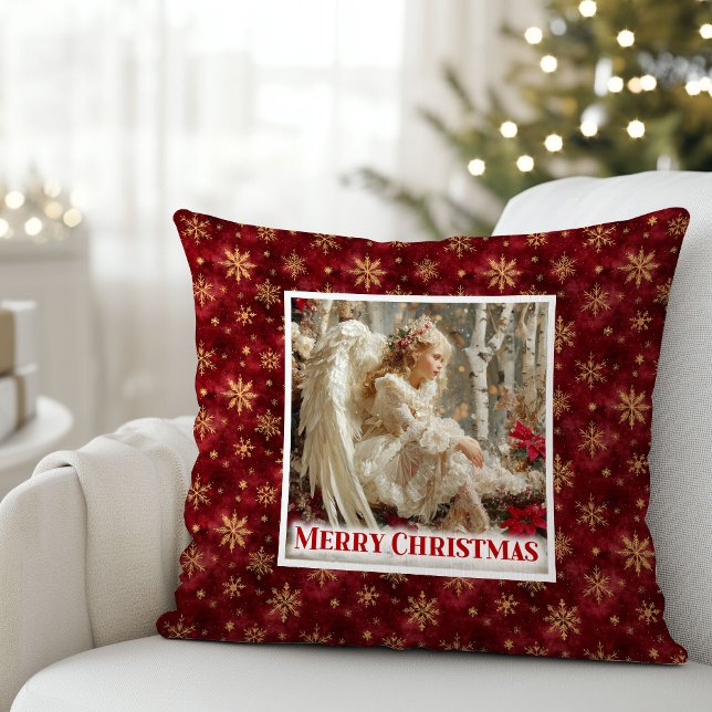 Almofada Silent Red and Gold Victorian Angel Christmas  (Silent Red and Gold Victorian Angel Christmas Pillow)