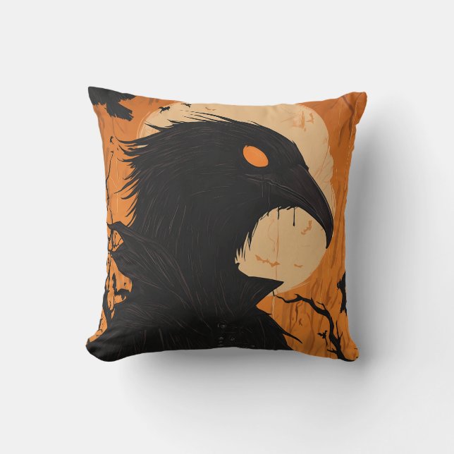 Almofada Silhueta de Corvo Lua Cheia Preto Laranja Hallowee (Frente)