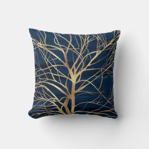 Almofada Silhuette de árvore Dourada moderna, Design azul m
