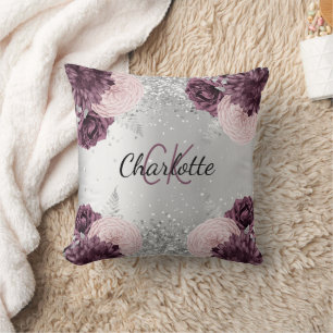 Almofada Silver burgundy flores elegantes nome do monograma