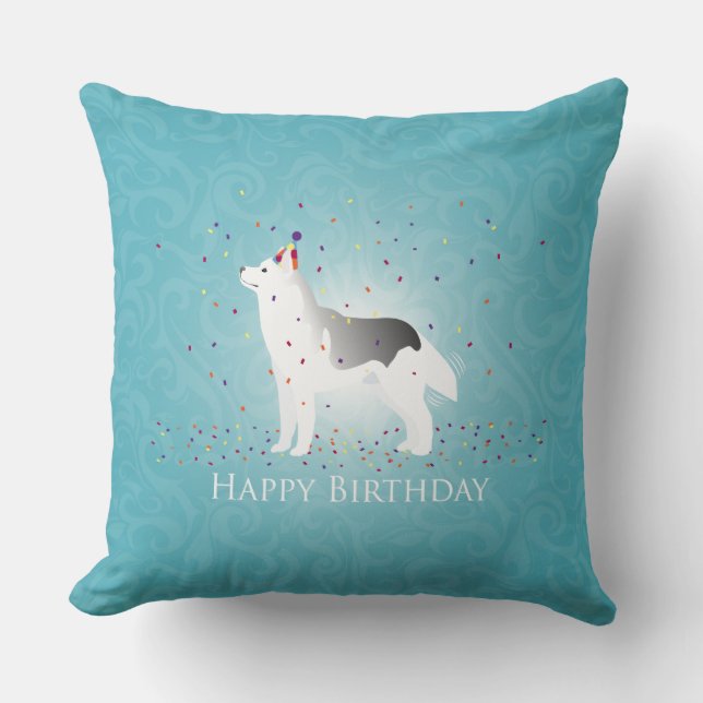 Almofada Silver Siberian Husky Dog Happy Birday Design (Frente)