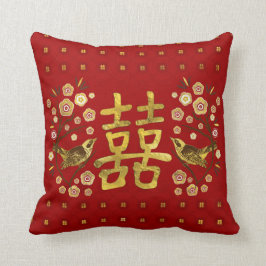 Almofada Símbolo Dourado de Dupla Felicidade com flores e p