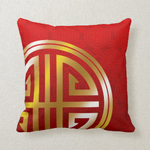 Almofada Símbolo Oriental de Vida Longa  ouro vermelho