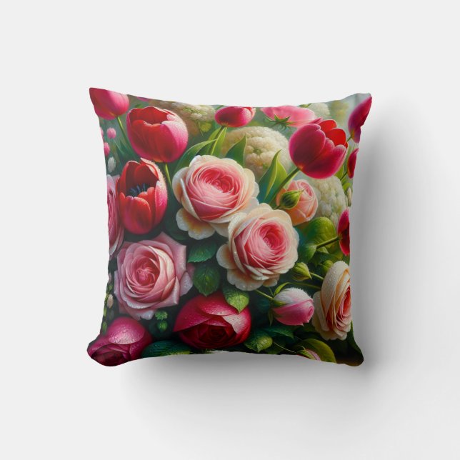 Almofada "Sinfonia do Jardim: Gotas de chuva em Rosas e Tul (Frente)