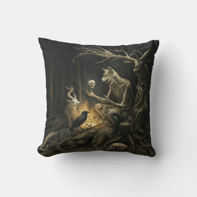 Almofada Skeleton Dog Moon oculta Dark Witchy AI Art (Frente)