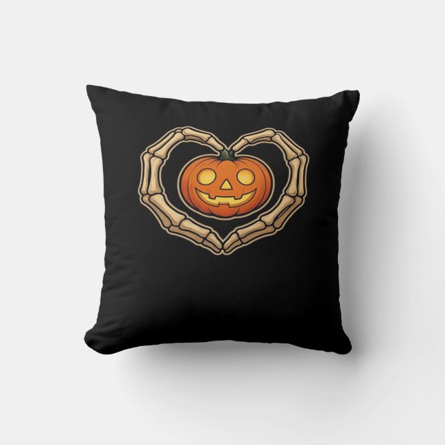 Almofada Skeleton Mãos Coração com Pumpkin Cute Hall (Frente)