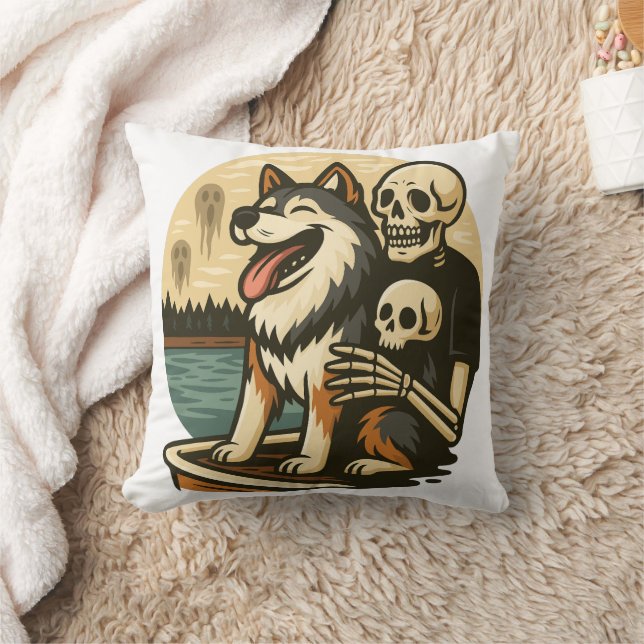 Almofada Skeleton with Dog on Haunted Lake Horror Art (Cobertor)