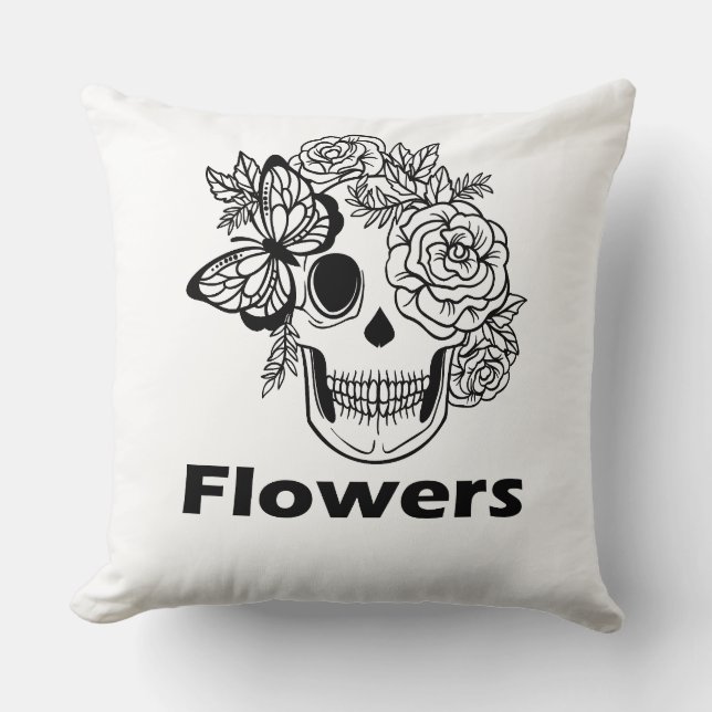 Almofada Skull and Flowers black and white (Frente)