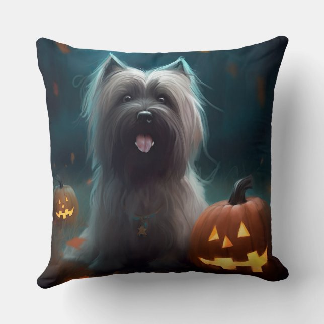 Almofada Skye Terrier de Halloween com Abóboras Assustadora (Verso)