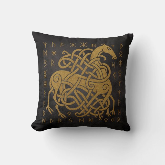 Almofada Sleipnir, Cavalo Nórdico Dourado com Símbolo de Ru (Frente)