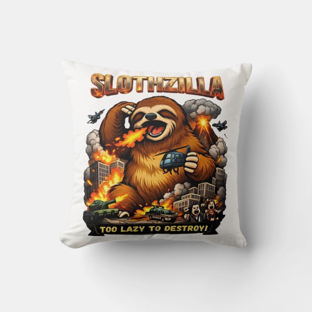 Almofada Slothzilla Muito Preguiçoso para Destruir, Monstro (Frente)