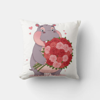 Almofada Smiling cartoon hippo holding a huge bouquet 